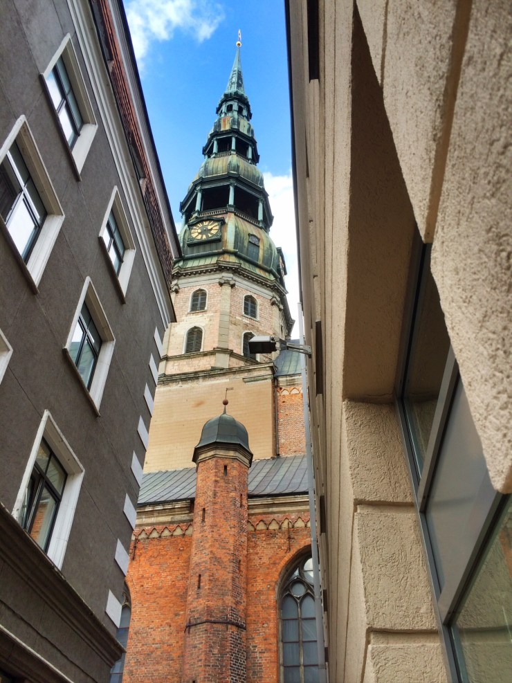 Almost everywhere you walk in he the old city are its possible to see the tower of St Peters towering over the narrow streets. First mention of the St. Peter's Church is in records dating to 1209. The church was a masonry construction and therefore undamaged by a city fire in Riga that year. The history of the church can be divided into three distinct periods: two associated with Gothic and Romanesque building styles, the third with the early Baroque period. The middle section of the church was built during the 13th century, which encompasses the first period. The only remnants of this period are located in the outer nave walls and on the inside of a few pillars in the nave, around which larger pillars were later built.