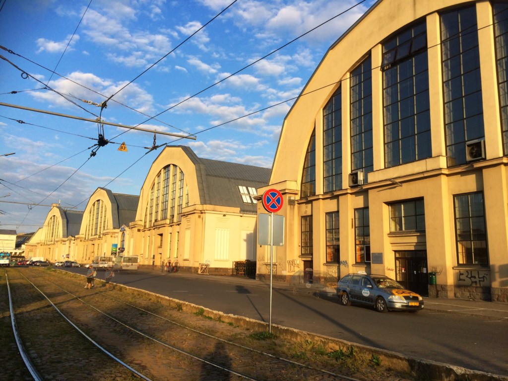 The huge buildings are now part of the market complex,but were originally airship hangers from the First World War.