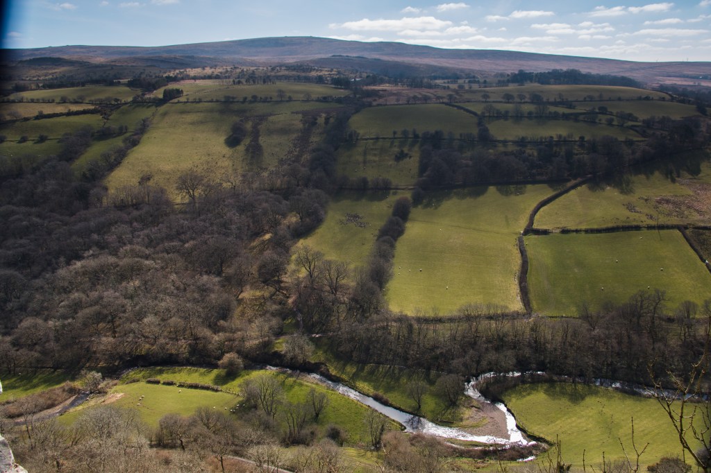 Look south down towards Afon Cennen below and towards the hills behind, Tair Carn Uchaf.