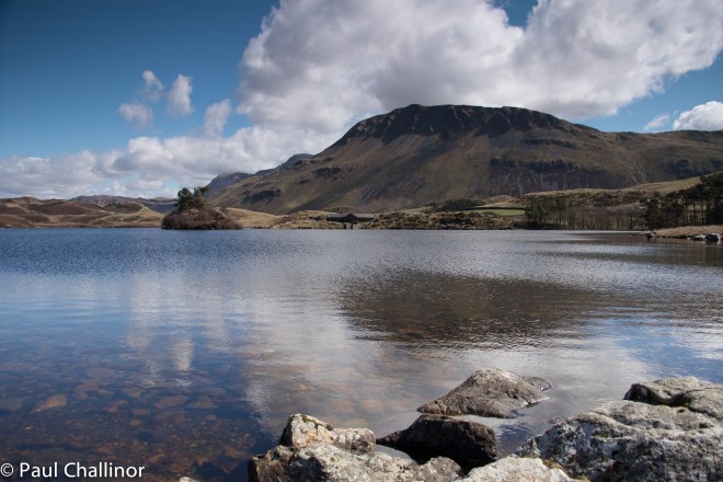 Looking south east across the lake with Craig-las behind. It's possible to just see the shoulder of Cadair Idris as well