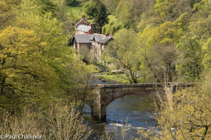 Looking down towards the River Dee. The building on the other side of the bridge is an old water mill.
