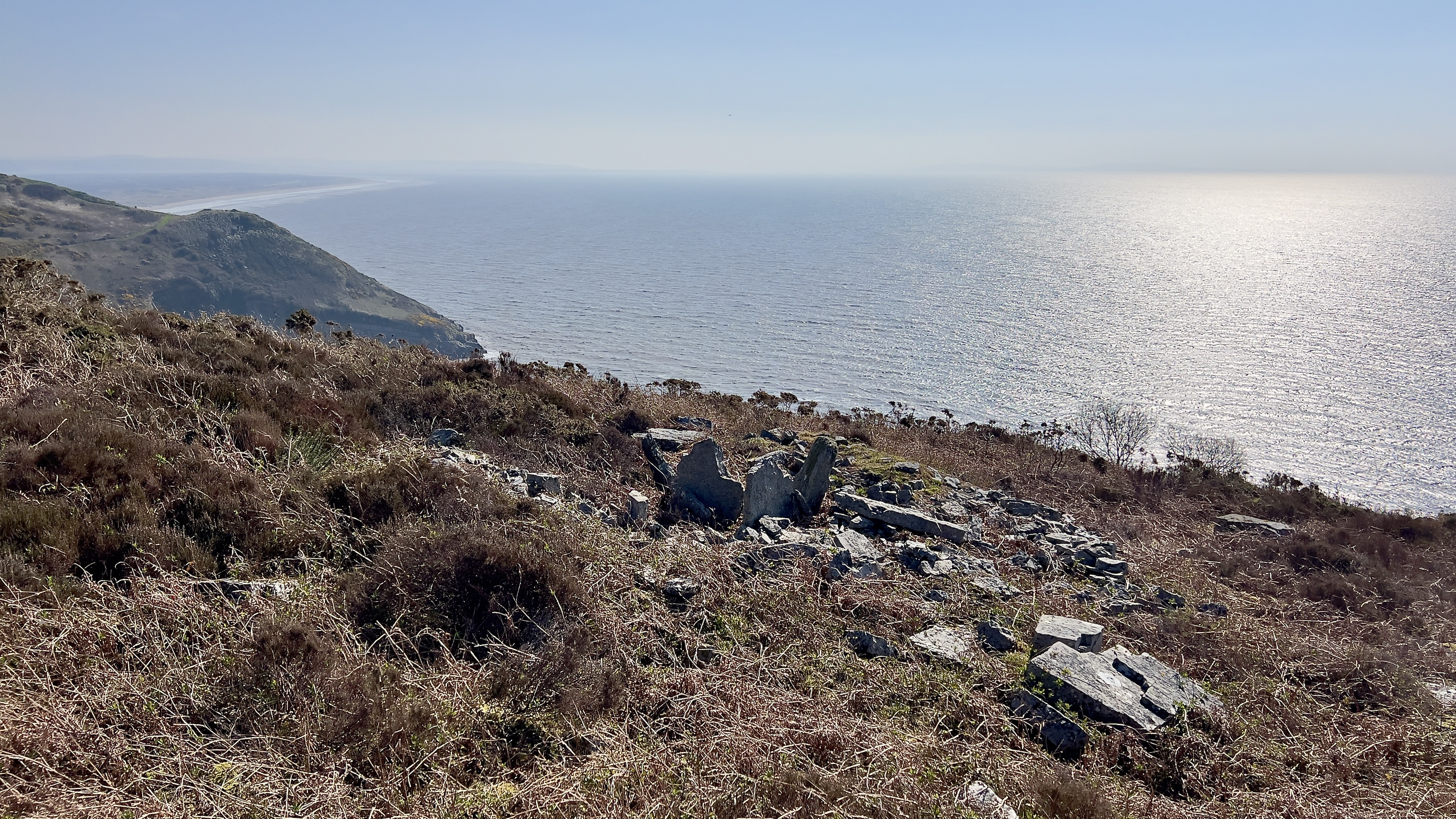 The view from the burial chambers. Today we can see Pendine Sands in the distance. But when the tombs were built this was probably a low lying are of dry lands. The sea level was much lower 6 thousand years ago.