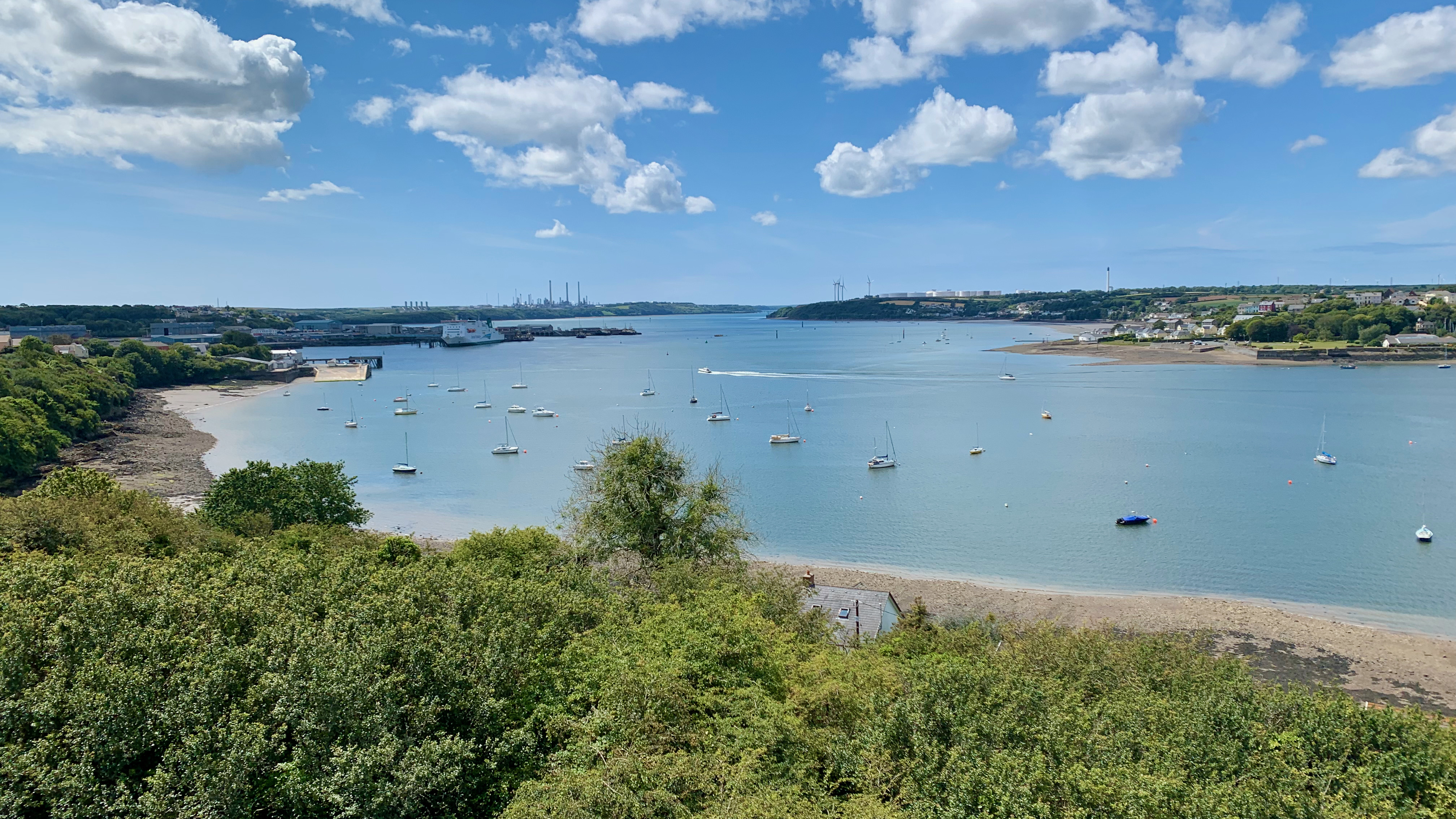 The view towards Milford Haven and the refineries in the distance from the top of the Cleddau Bridge.